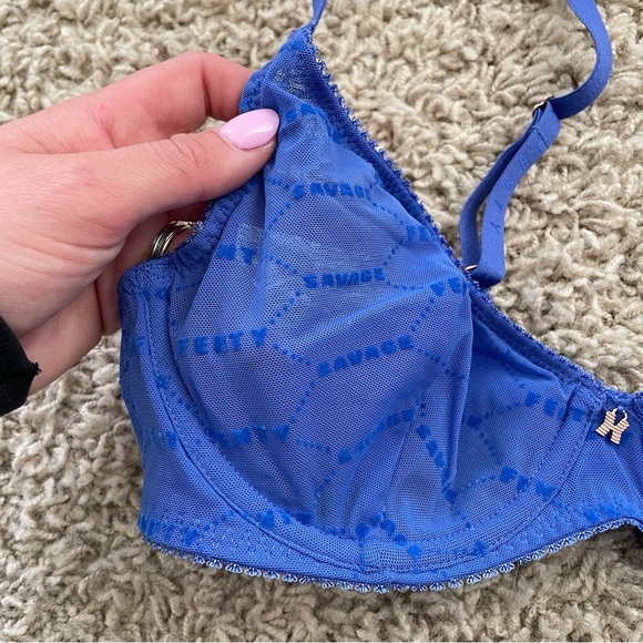 Savage X Fenty Flocked Logo Unlined Bra Blue Cyber Cafe 34B - Picture 6 of 12